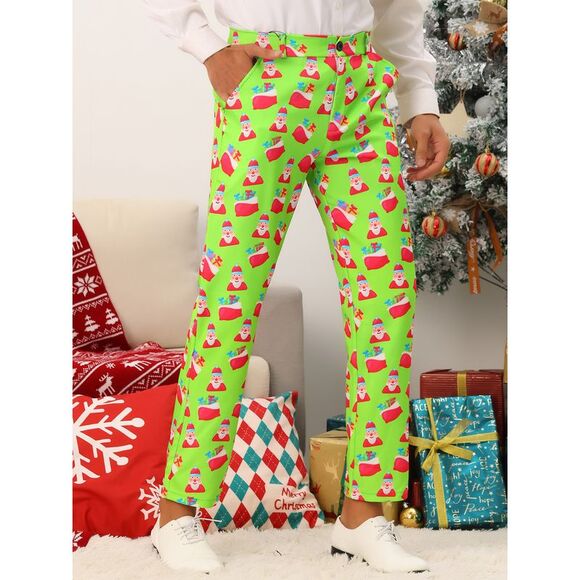 Christmas Printed Pants Flat Front Party Cosplay Costume Trousers Light Green - Picture 2 of 6